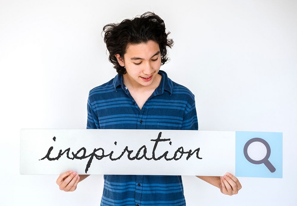 Student guy holding paper aspiration search bar on white background