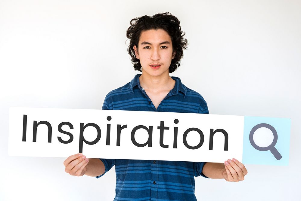 Student guy holding paper aspiration search bar on white background