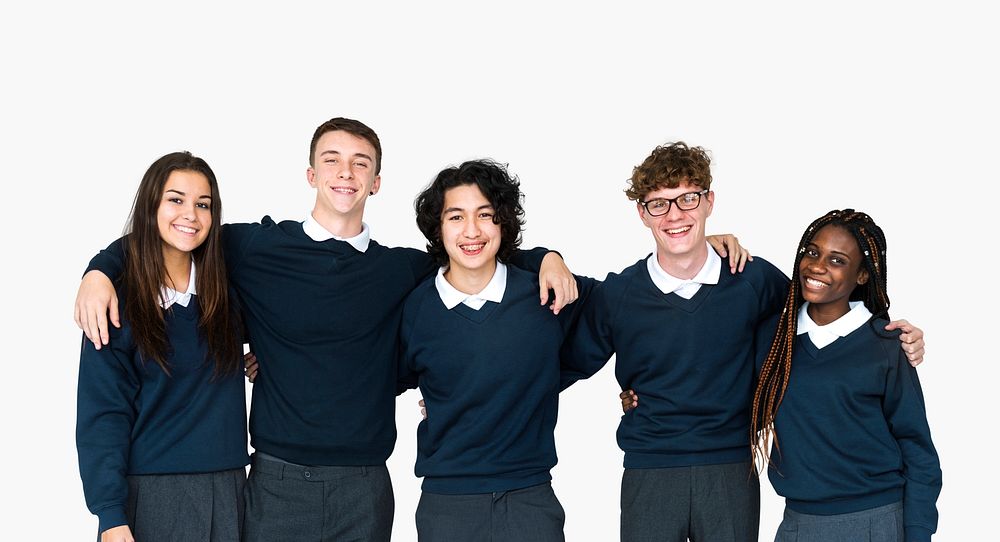 Group of diverse students in uniforms