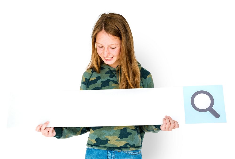 Young woman holding a search bar mockup