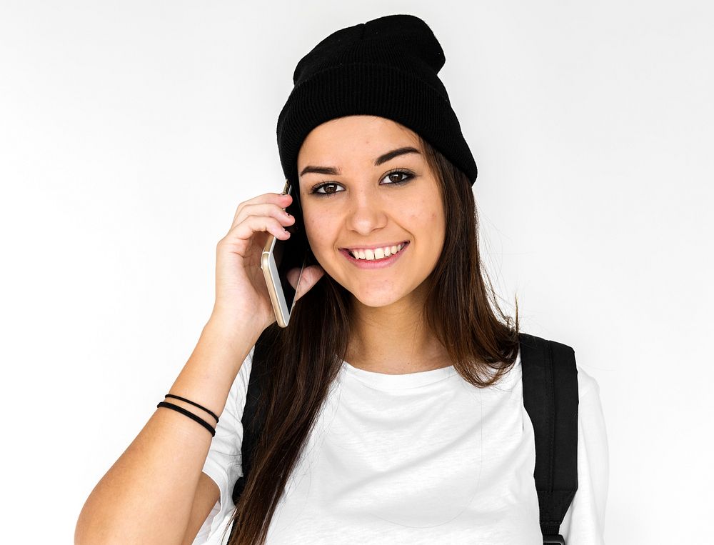 Young Adult Woman Face Smile Expression Usign Mobile Phone Studio Portrait