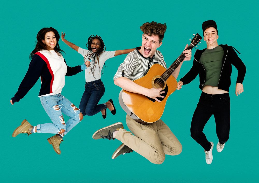 Young Adult People Jumping with Guitar Studio Portrait