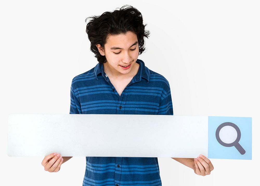 Young adult asian man holding blank searching banner