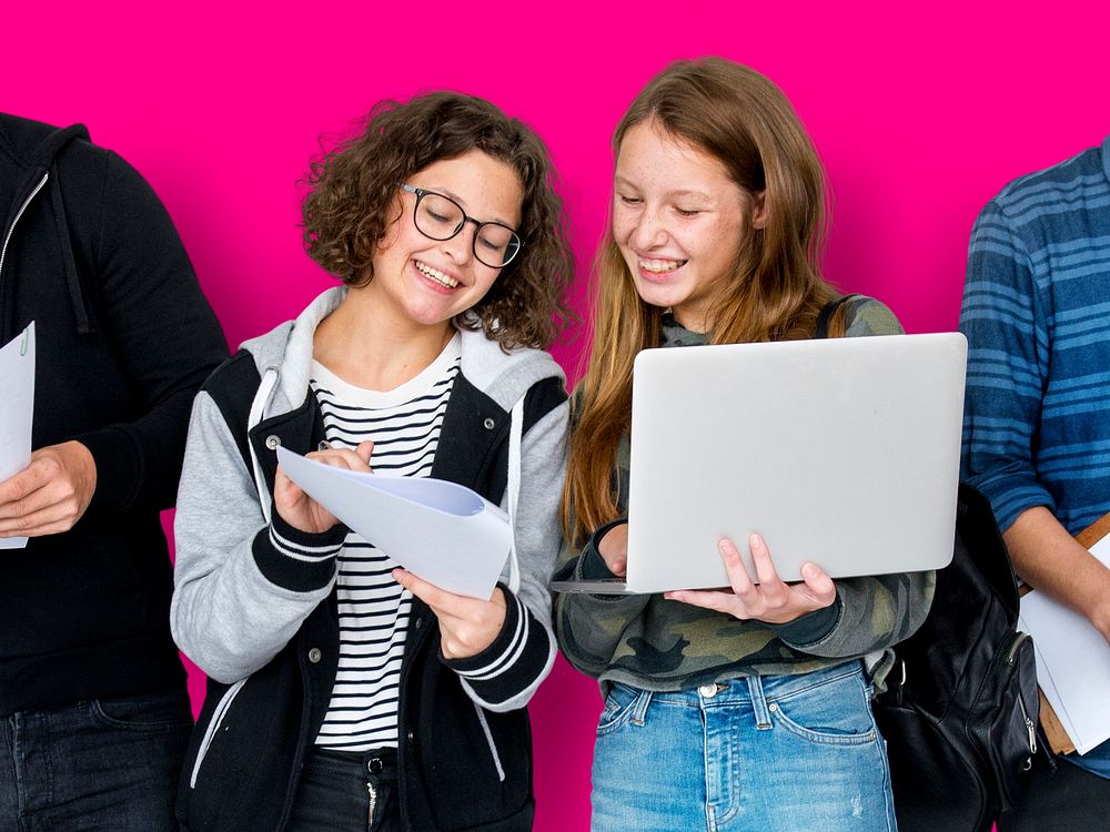 Group of Diverse High School Students Using Digital Devices Studio Portrait