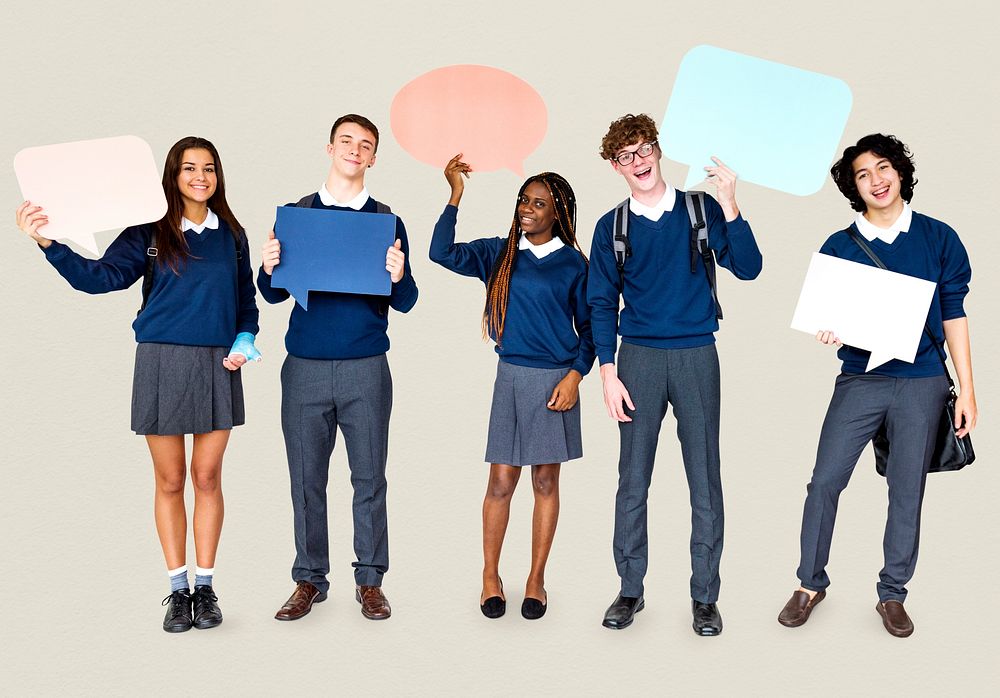 Group of Diverse Students Showing Speech Bubbles Studio Portrait