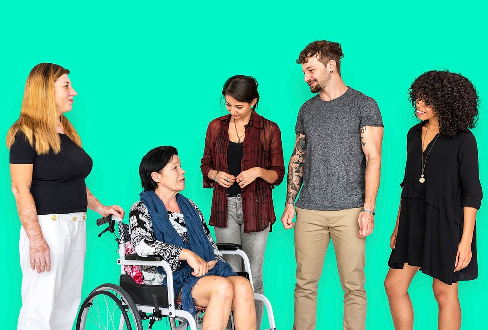 Group of Diverse People Talking with Handicap Woman Studio Portrait