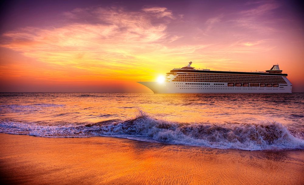 3D cruise ship at sunset