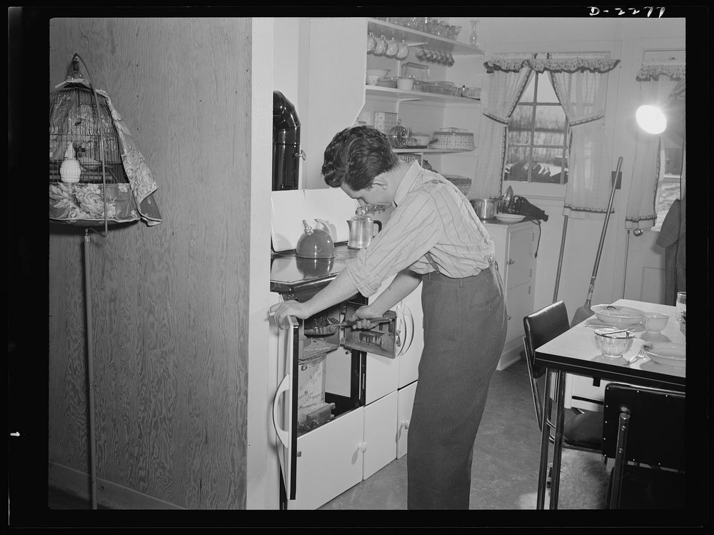 Bantam, Connecticut. Defense homes. The heating unit is in the kitchen of Fred Heath's four-room apartment in the new…