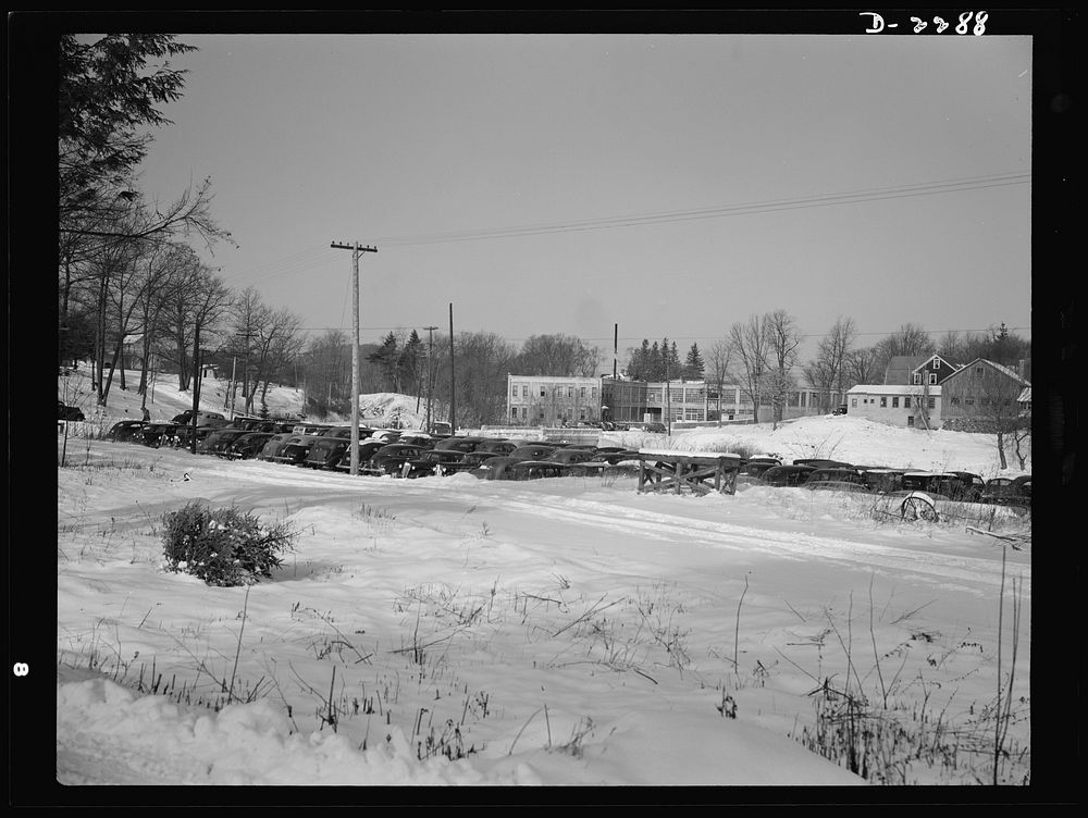 Bantam, Connecticut. In the background is the Warren McArthur plant. The cars in the foreground belong to workers in the…