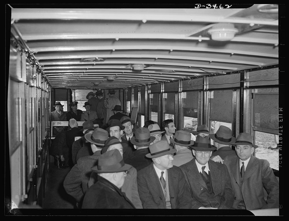 New oversize trailer for war workers. Interior of the new oversize bus trailer, built almost entirely of non-critical…