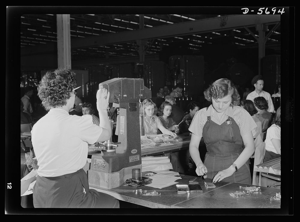 Production. Willow Run bomber plant. Experienced women workers at the Willow Run bomber plant operate such machines as this…