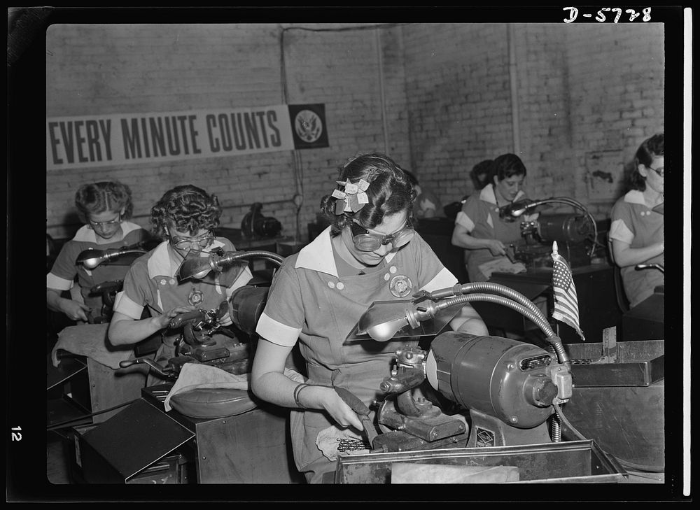 Women in industry. Tool  production. A job which was formerly done by hand (and by men) is done in this large Midwest drill…