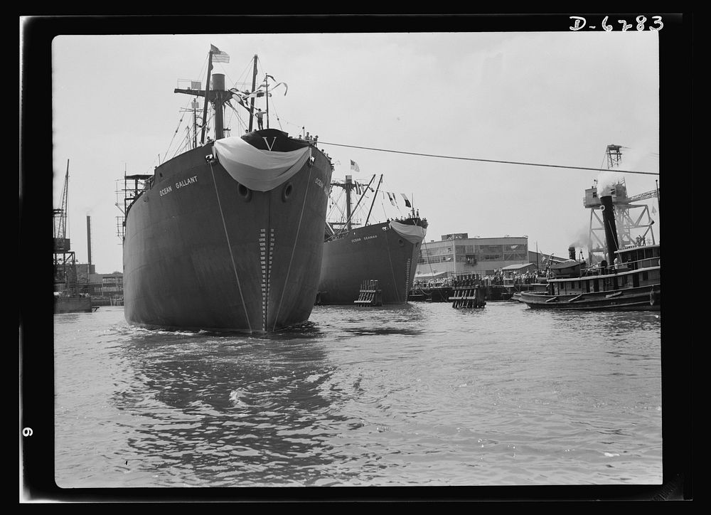 Ship launching in Portland, Maine. Bearing the huge Allied "V" for victory, Ocean Gallant, a cargo carrier built for Britain…