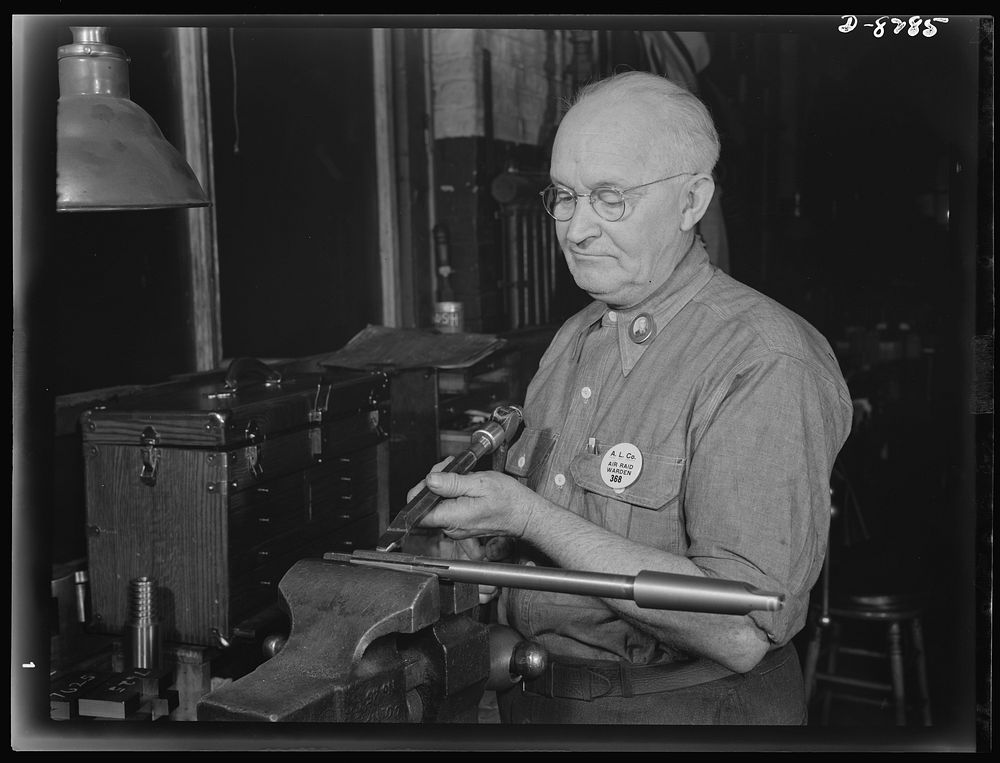 Production. M-4 tanks. Arthur Hale, tool maker with the American Locomotive Company for forty years, is shown upsetting a…