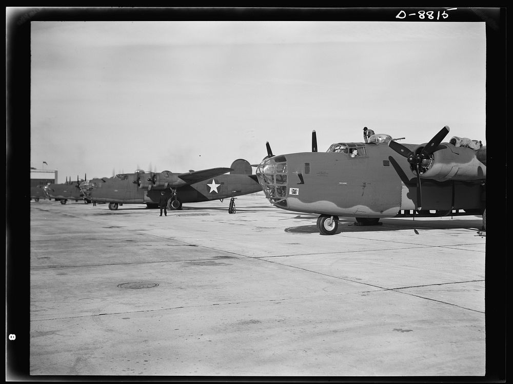 Production. B-24E (Liberator) bombers at Willow Run. New B-24E (Liberator) bombers, just off the assembly lines at Ford's…