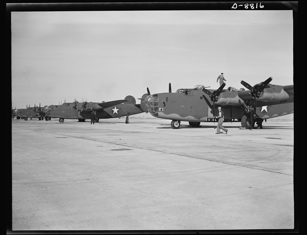 Production. B-24E (Liberator) bombers at Willow Run. New B-24E (Liberator) bombers, just off the assembly lines at Ford's…