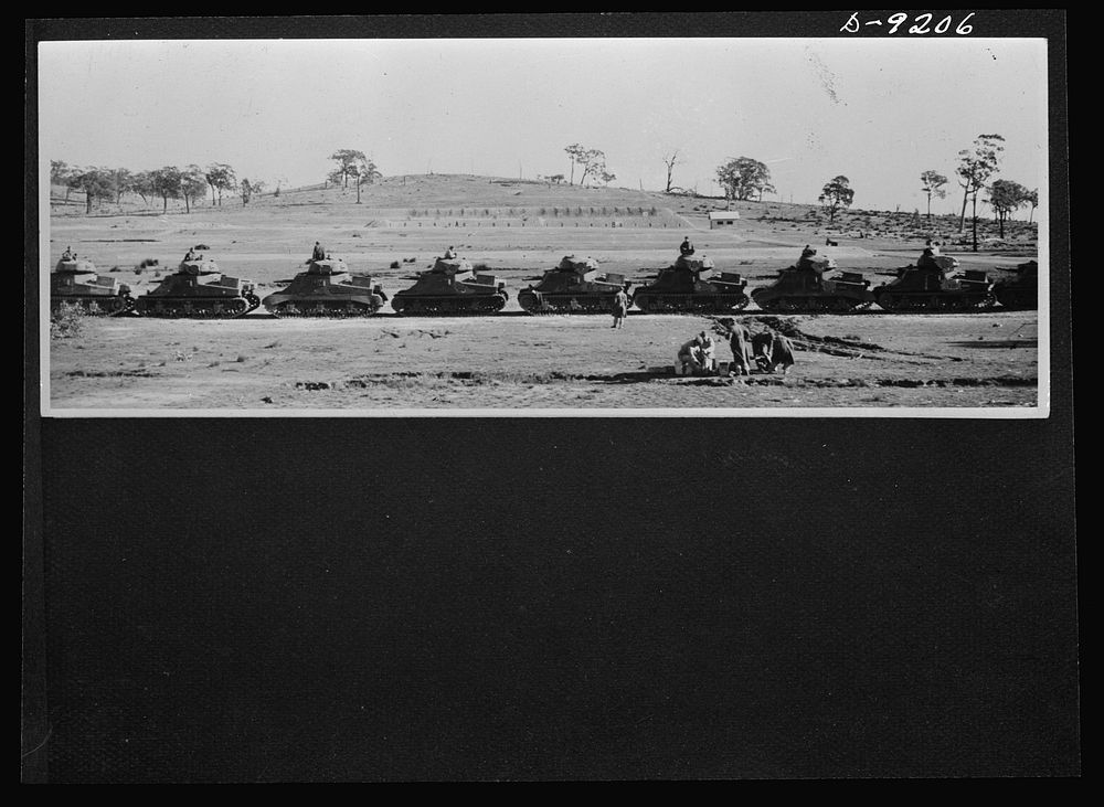 Australia in the war. Part of an Australian tank squadron lines up for gunnery practice. This unit, equipped with American…