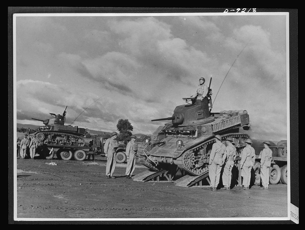 Australia in the war. Australian troops demonstrate lend-lease tanks at an armored division camp somewhere in Australia.…