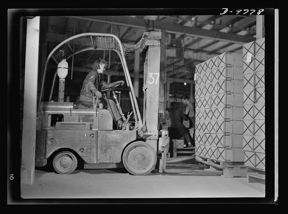 Women in essential services. Ethel Peterson, twenty-seven, an expert lift-truck operator at the Paraffine Company in…