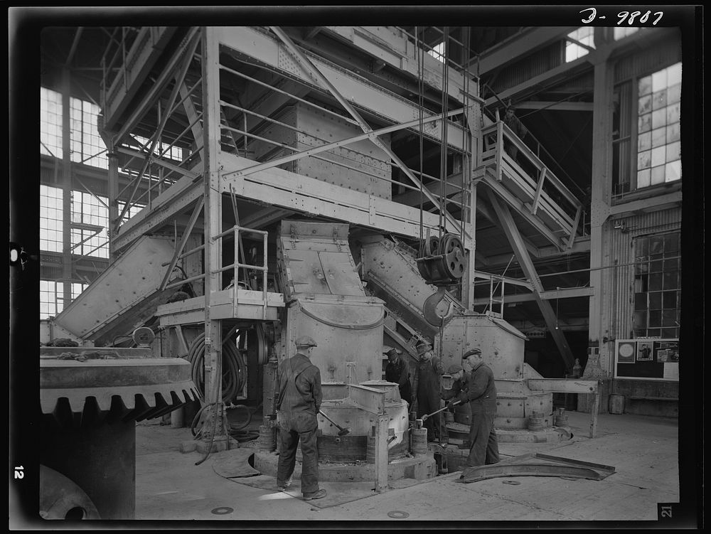 Production. Copper. Part of a group of five Symons short-head cone crushers for reducing the coarse copper ore to a smaller…