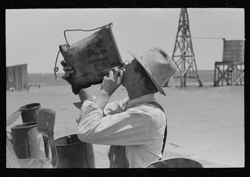 Day laborer drinking from desert water bag, large farm near Ralls, Texas by Russell Lee