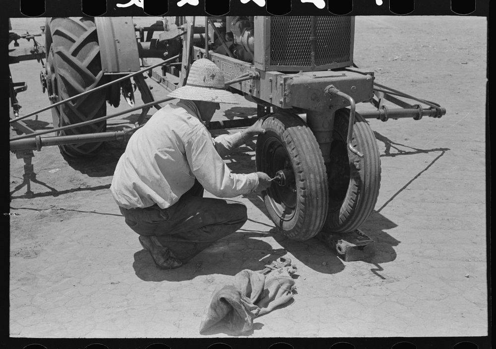 Day laborer tightening bearing on front wheel of tractor, farm near Ralls, Texas by Russell Lee