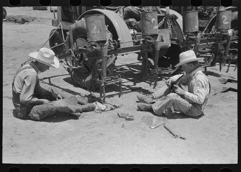 [Untitled photo, possibly related to: Day laborers at work on tractor, large farm near Ralls, Texas] by Russell Lee