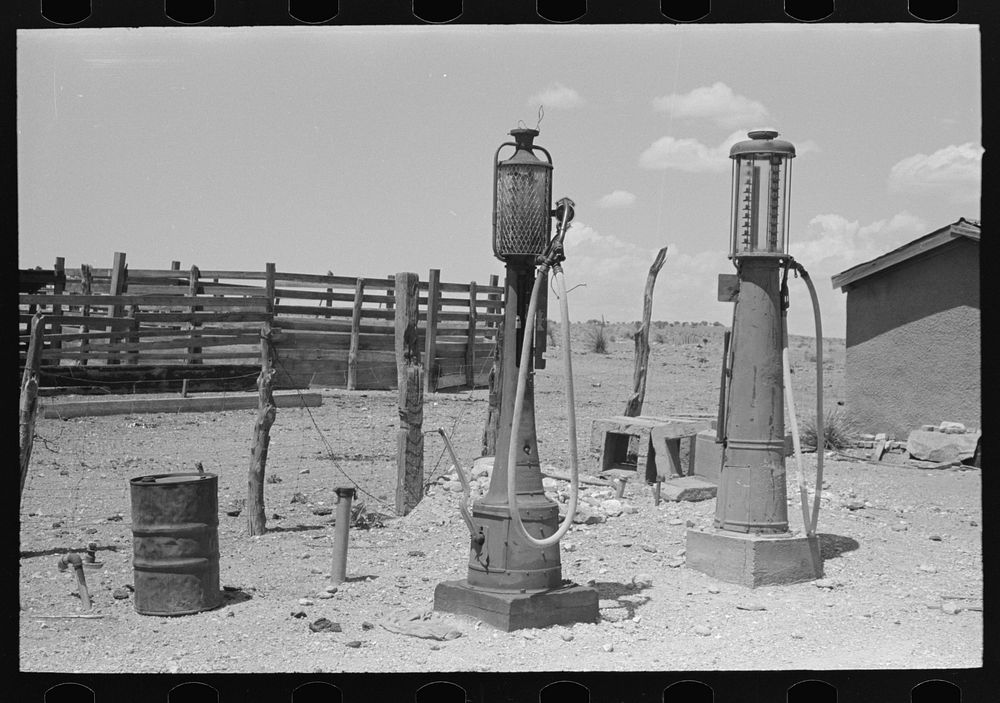 [Untitled photo, possibly related to: Gasoline pumps on cattle ranch near Marfa, Texas] by Russell Lee