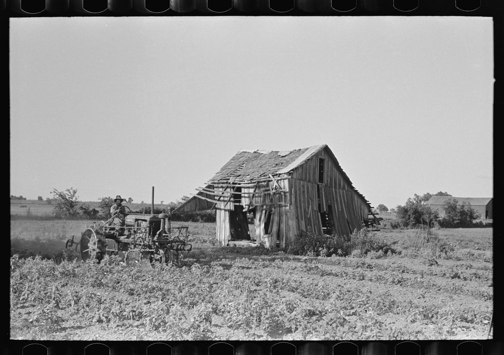 [Untitled photo, possibly related to: Tractor plowing near abandoned and wrecked tenant house, Wagoner County, Oklahoma] by…