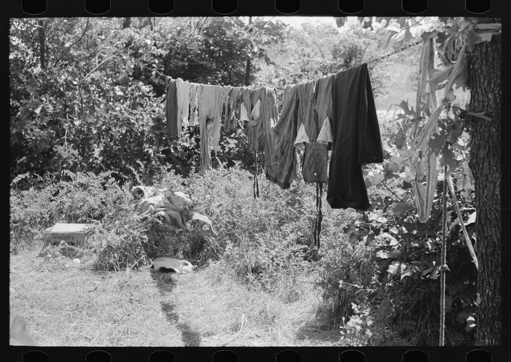 Clothes line and cat of family camped by the roadside near Spiro. Sequoyah County, Oklahoma by Russell Lee