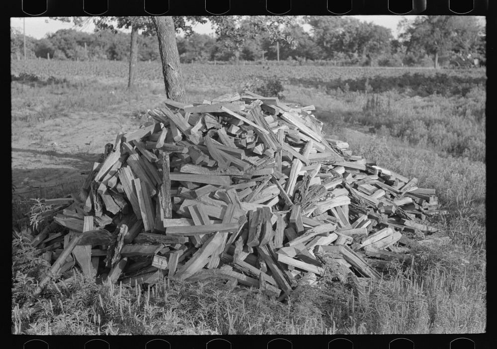 Pile of stove wood of Indian agricultural day laborer, preparing for winter, McIntosh County, Oklahoma by Russell Lee