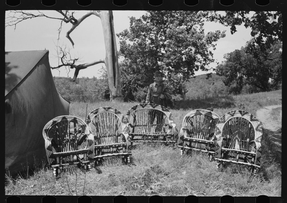 Itinerant cane furniture maker and agricultural day laborer camped in Wagoner County, Oklahoma by Russell Lee