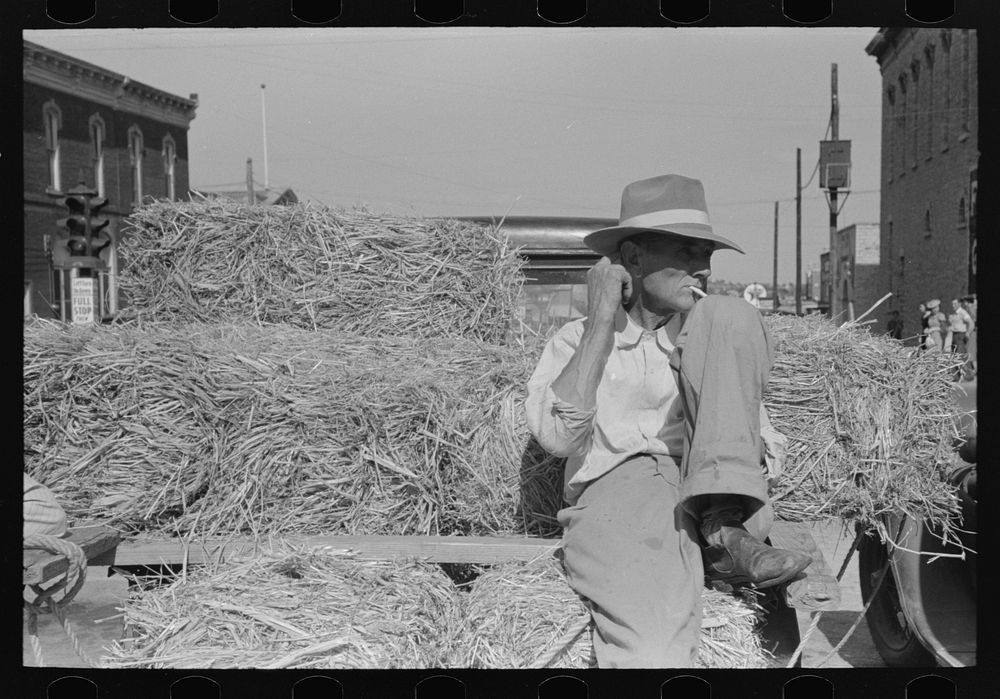 Farmer on a load of hay, farmers' market, Weatherford, Texas by Russell Lee