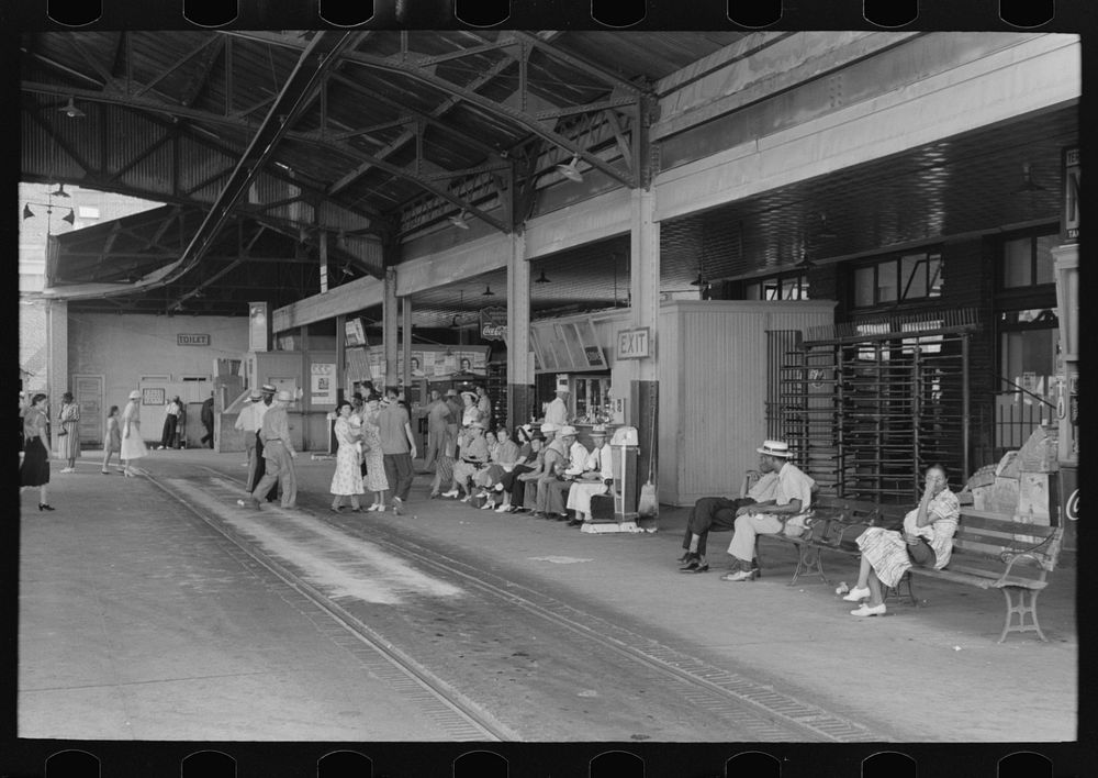 Streetcar terminal with people waiting for cars, Oklahoma City, Oklahoma by Russell Lee
