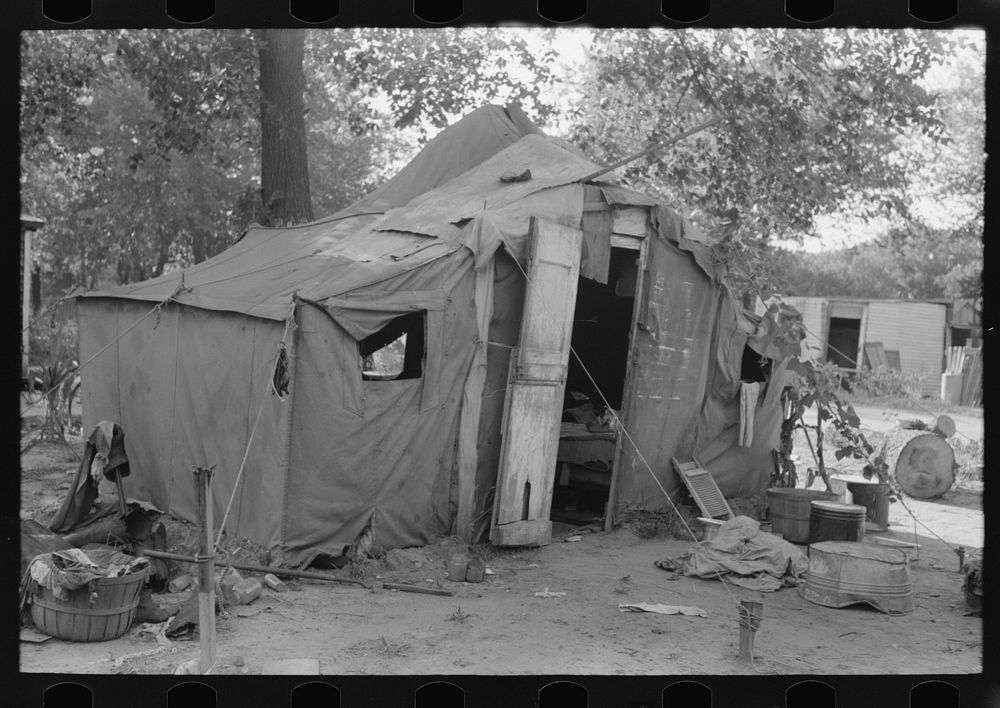Tent home of agricultural day laborer in community camp, Oklahoma City, Oklahoma by Russell Lee
