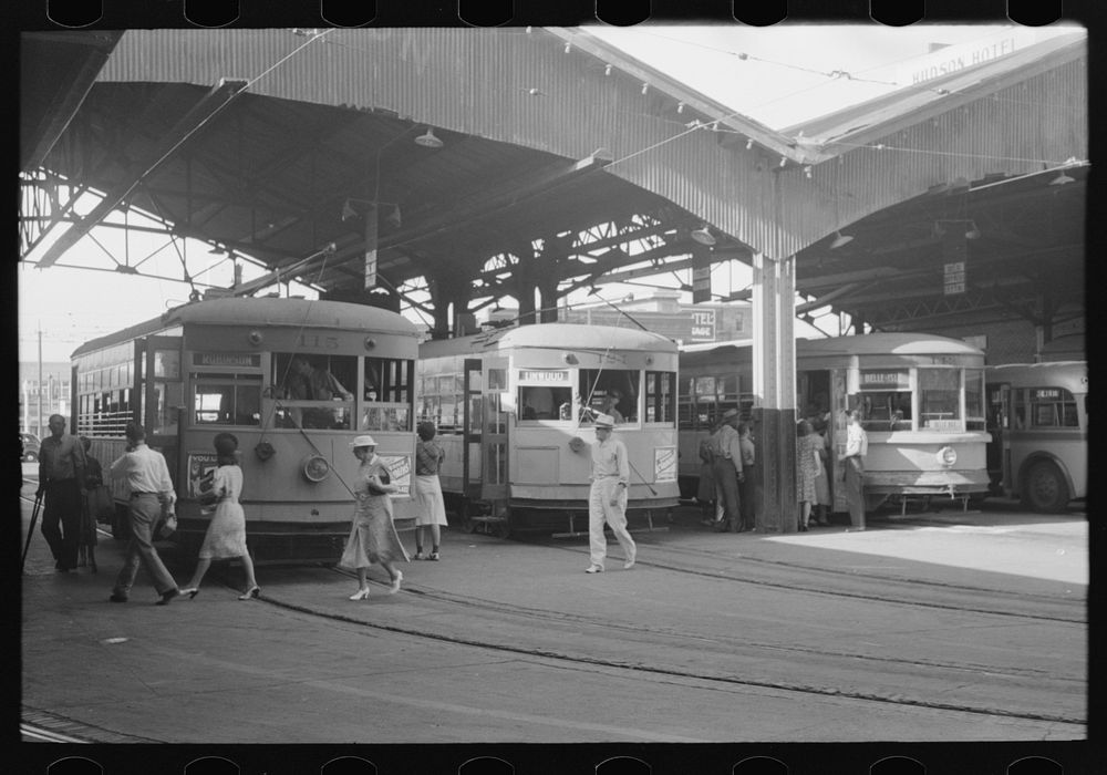 Streetcars at terminal, Oklahoma City, Oklahoma by Russell Lee