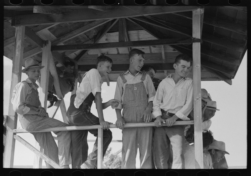 Boys in the judging stand watching the pie eating contest, 4-H Club fair, Cimarron, Kansas by Russell Lee