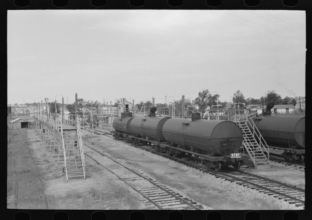 [Untitled photo, possibly related to: Loading platform for tank cars, Seminole oil field, Oklahoma] by Russell Lee