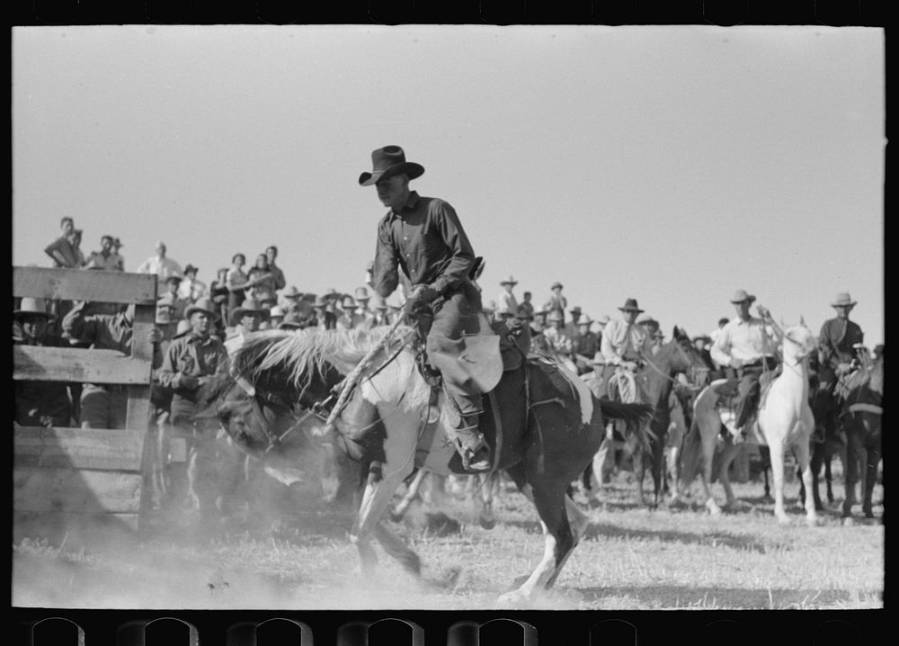 [Untitled photo, possibly related to: Cowboy at Bean Day rodeo, Wagon Mound, New Mexico] by Russell Lee