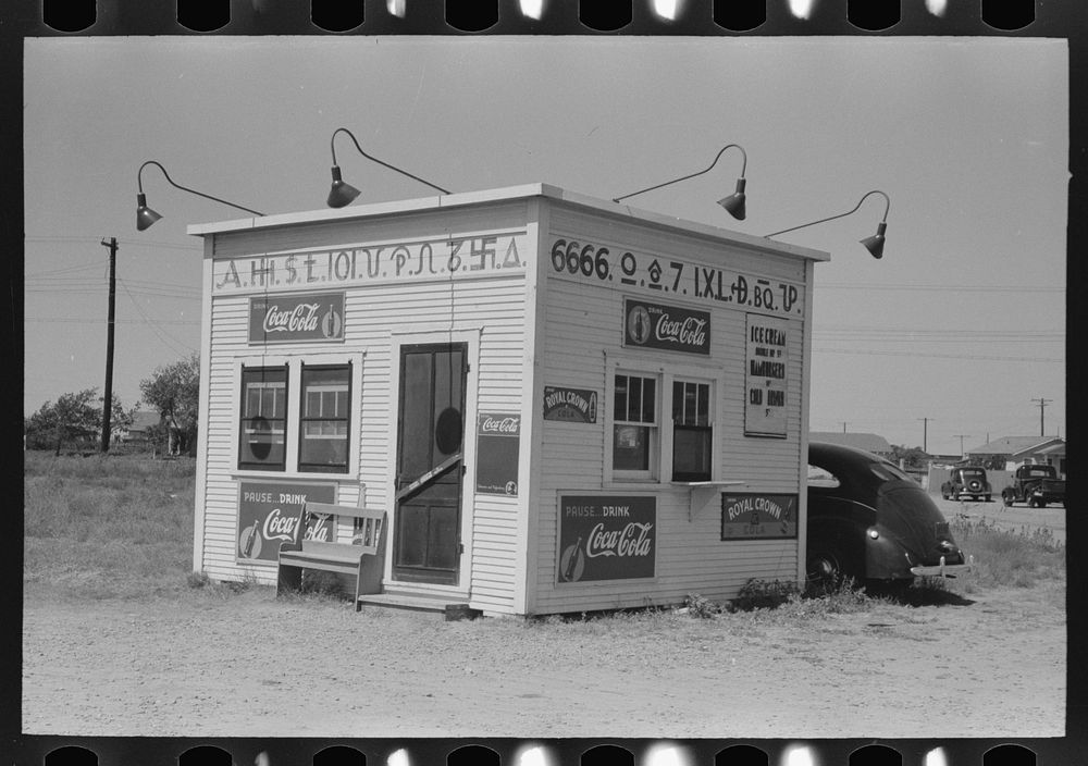 Hamburger stand with old brands, Dumas, Texas by Russell Lee