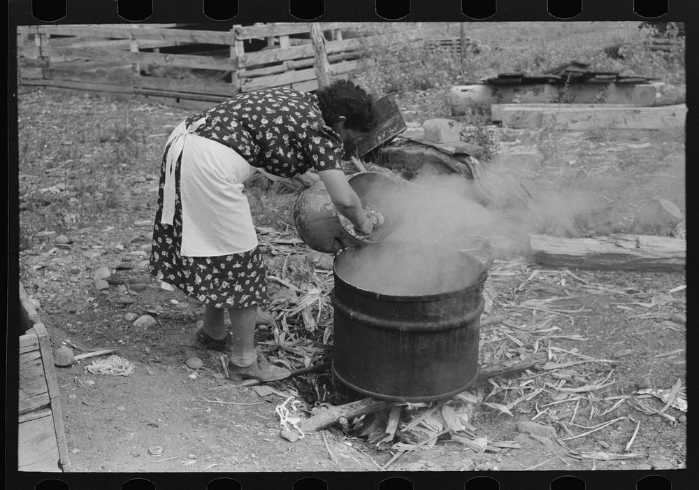 [Untitled photo, possibly related to: Spanish-American FSA (Farm Security Administration) client emptying pail of grease…