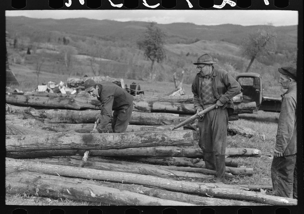Farmers snaking out a log from a pile of timber on farm near Bradford, Vermont by Russell Lee