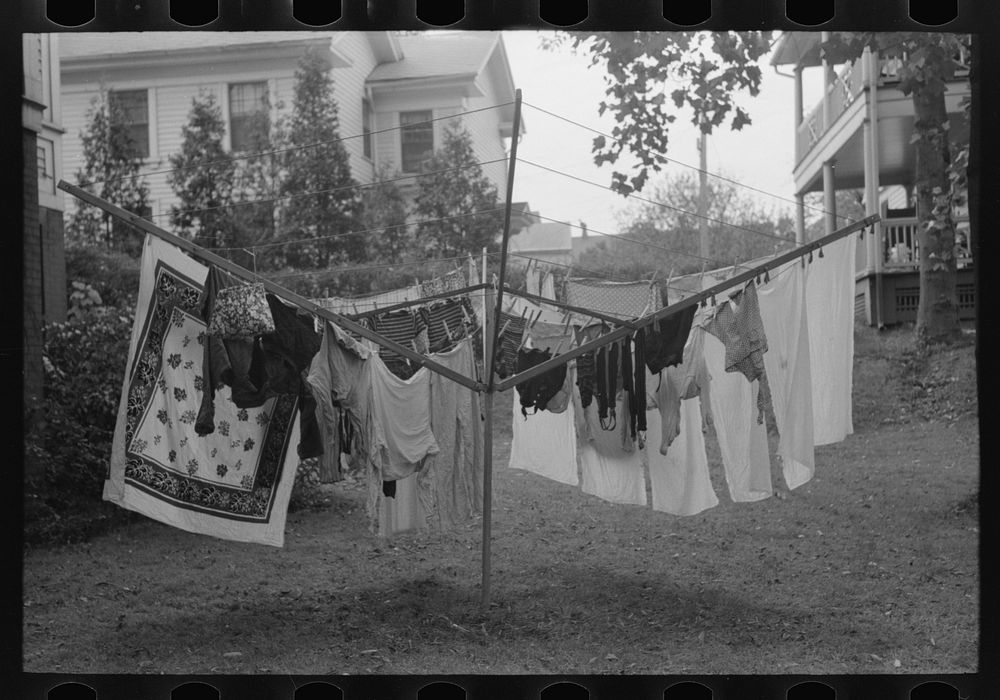 Clothes hanging on drying tree in backyard, Meriden, Connecticut by Russell Lee
