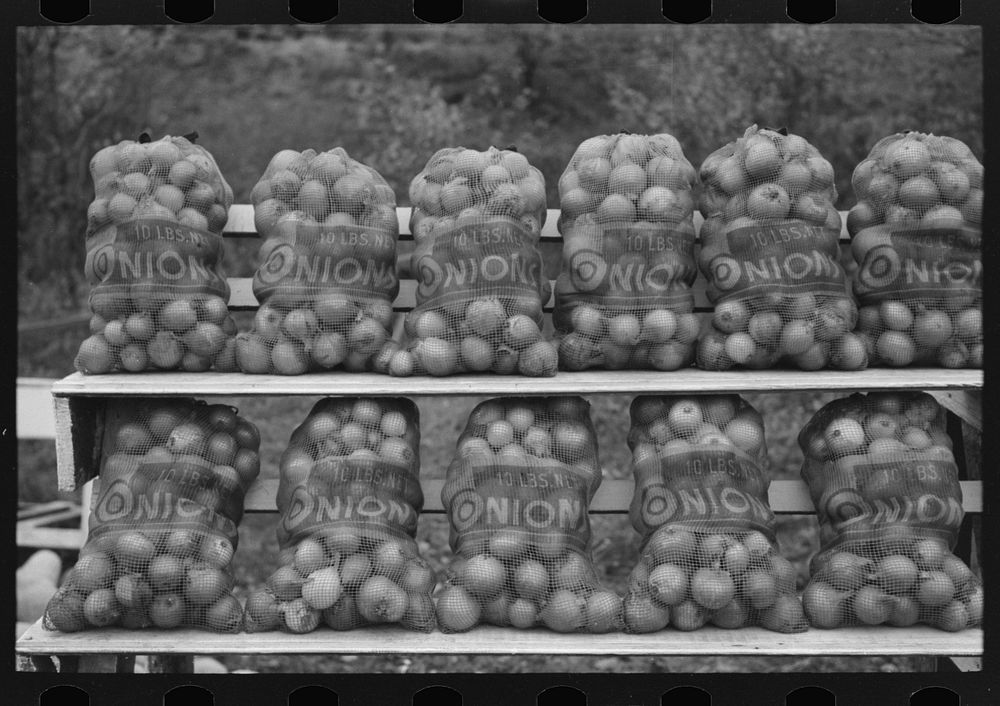 Onions at market near Greenfield, Massachusetts by Russell Lee
