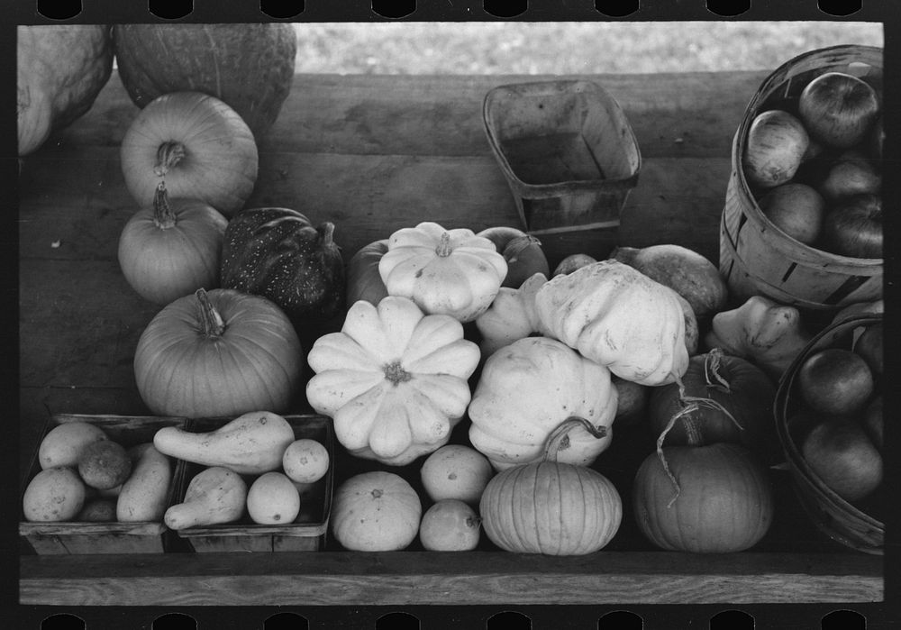 Fall fruits and vegetables at roadside stand near Greenfield, Massachusetts by Russell Lee
