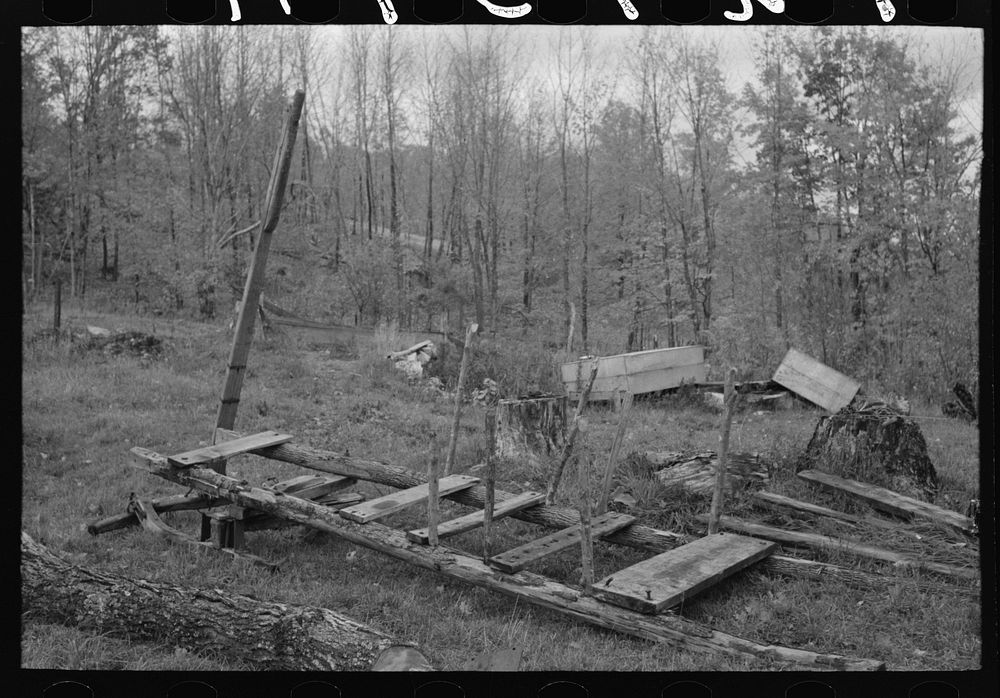 Primitive sled used for hauling timber from the woods, Bradford, Vermont by Russell Lee