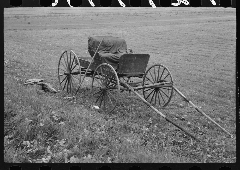 [Untitled photo, possibly related to: Old buggy and pitchfork on farm near Northampton, Massachusetts] by Russell Lee