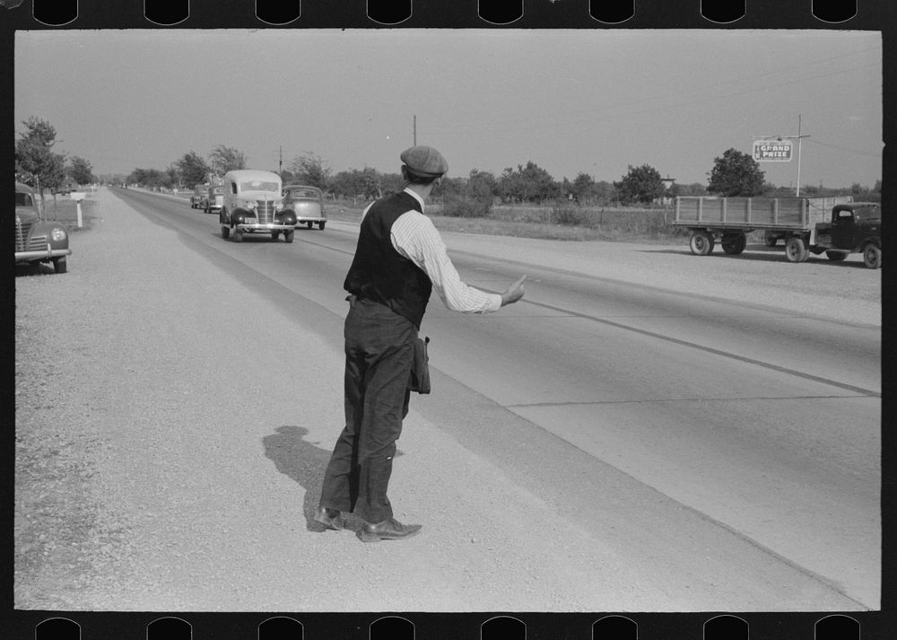 Hitchhiker at city limits of Waco, Texas by Russell Lee