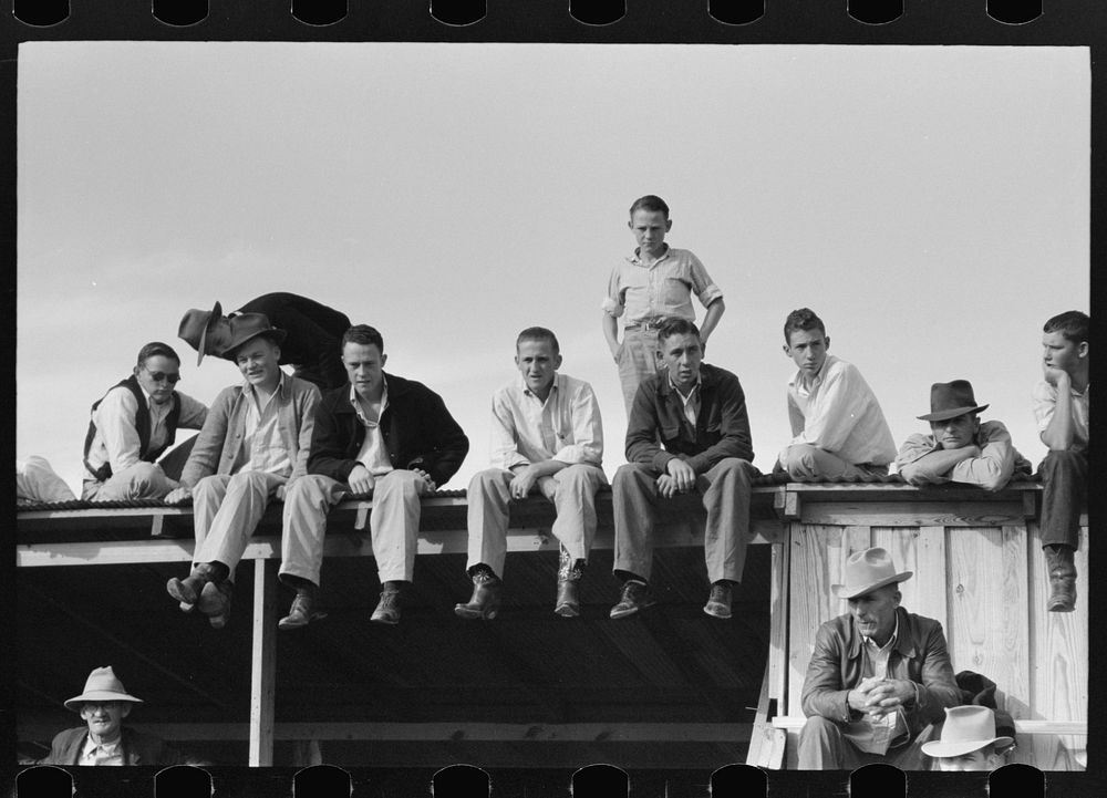 West Texans sitting on top of grandstand roof at horse auction, Eldorado, Texas by Russell Lee
