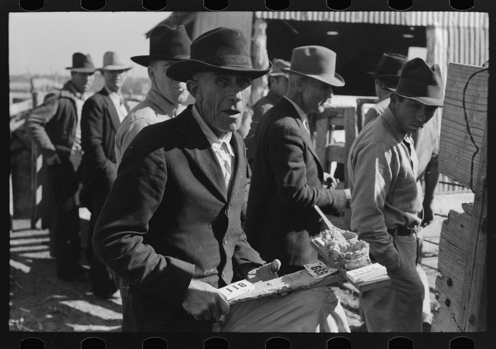 [Untitled photo, possibly related to: Checking in cattle to be sold at auction stockyards, San Angelo, Texas] by Russell Lee